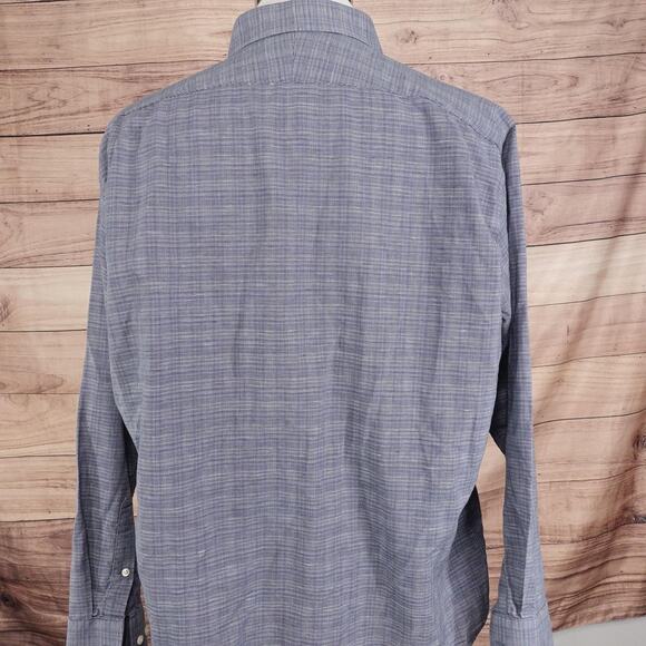 Nordstrom Shirt Mens 17.5 Blue Non Iron Trim Fit Plaid Dress Long Sleeve - Picture 4 of 9